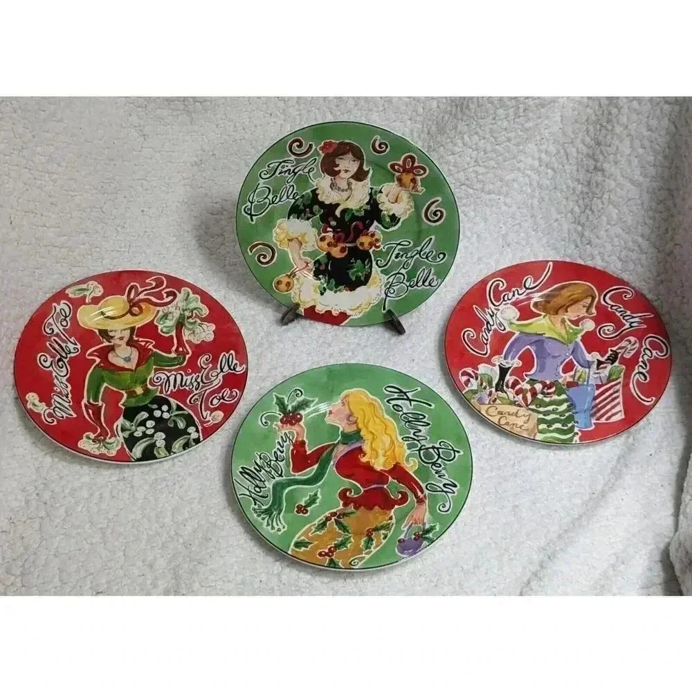 Set of 4 American Atelier Jingle Belles Christmas Dessert/Salad Plate Dishes Box